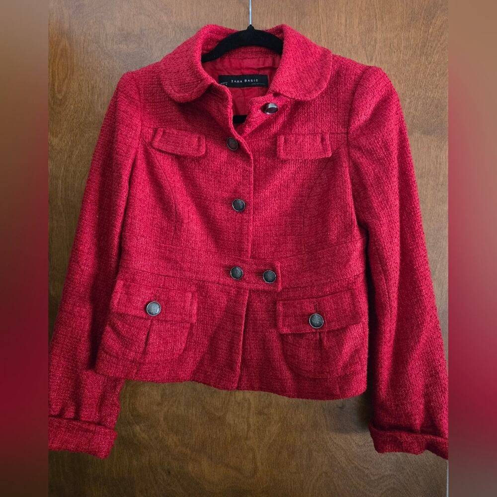 Zara Red Blazer Fitted Cropped Jacket